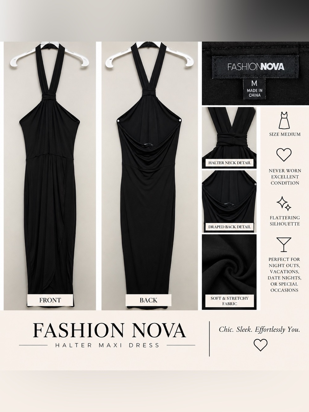 Fashion Nova Black Halter Draped Maxi Dress